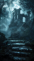 Mystic Moonlit Forest Shrouded in Ethereal Mist Revealing Glowing Iridescent Ancient Ruins in Cinematic Fantasy Landscape
