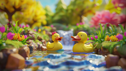 rubber yellow ducks in a stream on a background of flowers. Cartoon animation of toy ducks on the river. children's illustration with ducks - obrazy, fototapety, plakaty