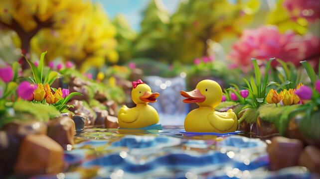 rubber yellow ducks in a stream on a background of flowers. Cartoon animation of toy ducks on the river. children's illustration with ducks