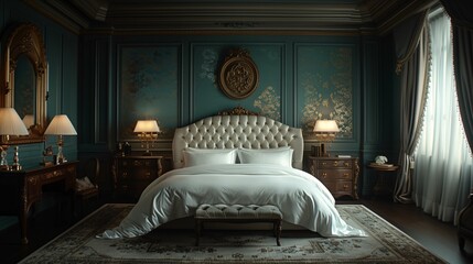 Elegant Vintage Bedroom Interior with Tufted Bed