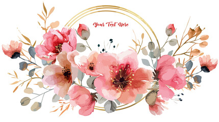 vector pink wreaths water color flower clipart with golden circle