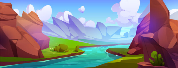 River flowing in rocky canyon valley. Vector cartoon illustration of stream with clear water, green bushes and grass, big brown stones under blue sunny sky with white fluffy clouds, game background - obrazy, fototapety, plakaty