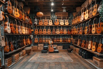Building with shelves of guitars, creating symmetry in a room