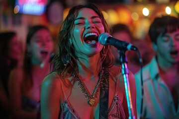 Musician smiling, singing into microphone at concert in front of crowd