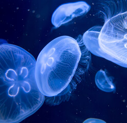 Blue jellyfish swim in the sea