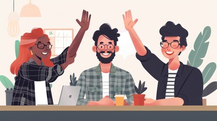 A group of coworkers celebrating success with high fives and smiles. - obrazy, fototapety, plakaty