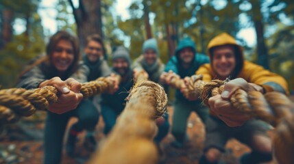 A group of professionals engaged in a team-building activity outdoors, fostering camaraderie. - obrazy, fototapety, plakaty
