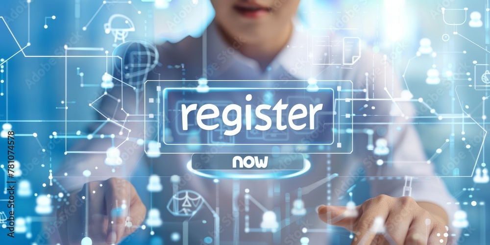 Poster a hand navigates a futuristic digital interface inviting immediate registration, generative ai