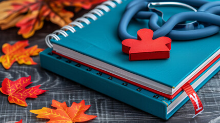 A blue book with a red heart on it and a red leaf on the table. The book is open to page number 1 - obrazy, fototapety, plakaty