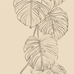 Botanical art. Hand drawn continuous line drawing of abstract tropical leaves of monstera