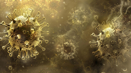 A close up of a virus with a yellowish color. The virus is surrounded by a blurry background