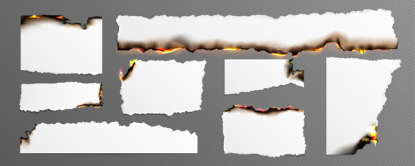 Burning paper pieces set isolated on transparent background. Vector realistic illustration of blank pages with uneven black edges, destroyed by fire flame, scorched letter sheets, old parchment scrap - obrazy, fototapety, plakaty