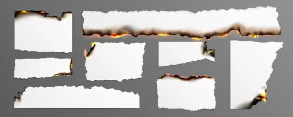 Poster Burning paper pieces set isolated on transparent background. Vector realistic illustration of blank pages with uneven black edges, destroyed by fire flame, scorched letter sheets, old parchment scrap © klyaksun
