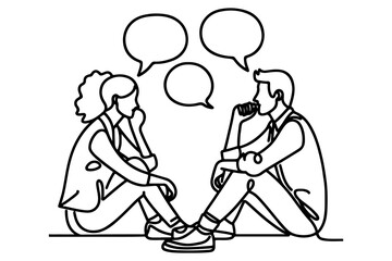 Continuous one line drawing two young people are talking with speech bubbles outline doodle vector illustration