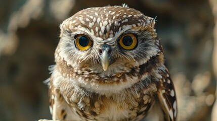 Obraz premium A tight shot of an owl perched on a branch, nearby is a rock in the backdrop In front, a tree branch lies in the foreground