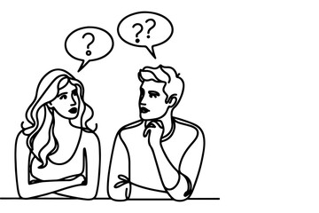 Continuous one line drawing two young people are talking with speech bubbles outline doodle vector illustration