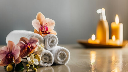 A table with a bunch of white towels and a vase of flowers. The towels are stacked on top of each other and the flowers are in the middle. The scene gives off a relaxing and calming vibe
