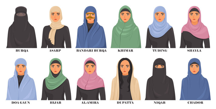 Female hijabs of different types set vector illustration