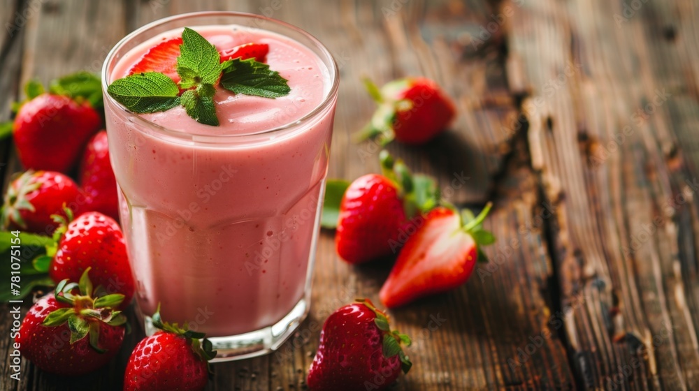 Poster Glass of strawberry smoothie with fresh berries