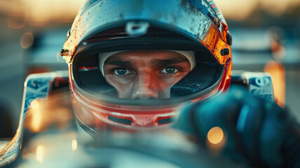 Formula 1 driver close-up portrait wearing a racer helmet. - obrazy, fototapety, plakaty