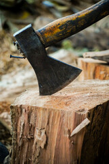 the old axe on the big log with dramatic tone