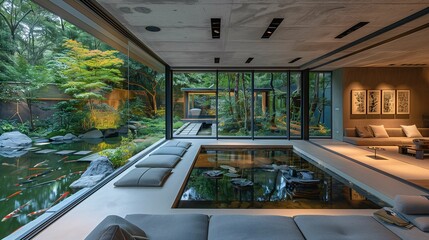 Modern Living Room with Koi Pond and Garden View