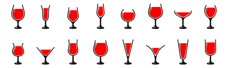 Set of different glasses with wine. Wineglass icon Isolated over transparent