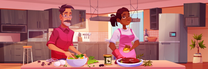 Man and woman cooking in kitchen. Vector cartoon illustration of male and female characters learning to make fresh vegetable salad and delicious beef steak, healthy meal for dinner at home, hobby blog - obrazy, fototapety, plakaty