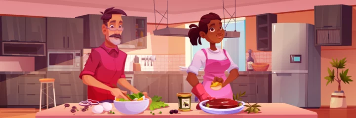 Foto auf Alu-Dibond Man and woman cooking in kitchen. Vector cartoon illustration of male and female characters learning to make fresh vegetable salad and delicious beef steak, healthy meal for dinner at home, hobby blog © klyaksun