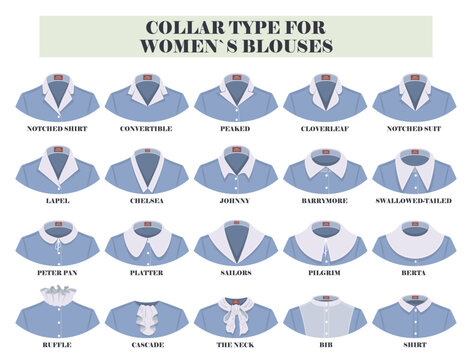 Different collar types for woman blouses vector illustration set
