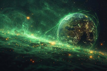 A captivating image of planet Earth enveloped in green energy waves, against the backdrop of a star-filled sky, symbolizing connectivity and cosmic power