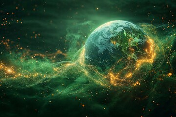 Earth seen with trailing waves of cosmic energy emitting a serene green glow, giving a sense of motion and otherworldly grace - obrazy, fototapety, plakaty