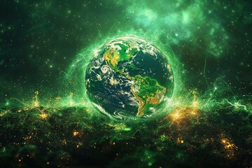 A glowing green Earth radiates energy, representing renewable power sources and eco-friendly solutions for a sustainable future