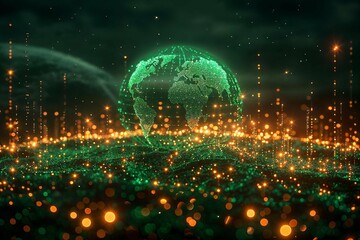 An artistic rendition of the globe in digital green with an aura of light pixels, suggesting connectivity in the digital age
