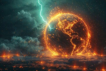 Apocalyptic vision of Earth engulfed in flames with a lightning bolt, indicating chaos or destruction