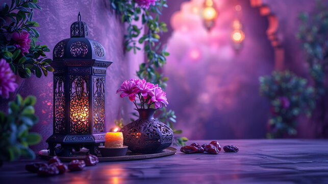 a realistic photo of a woman's hand wearing a black Abaya putting Islamic lantern on the table, mamoul and dates on the table, pastel purple background