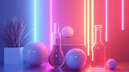 Neon lights illuminate purple vases and balls on a table. Generative AI