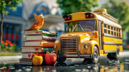 School bus with school accessories and books. Ready for school concept background.