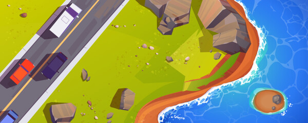 Top view of road running along sea coast. Vector cartoon illustration of trucks and autos seen from above riding coastline highway on summer day, rocky stones on green lawn, blue water washing shore - obrazy, fototapety, plakaty