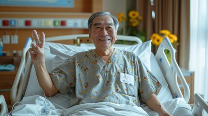 Elderly Smiling male patients in hospital rooms, old disease person