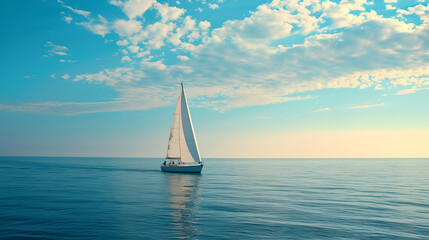 A person sailing a boat and enjoying the sea , Sunny and calm weather , summer , clouds , ocean sea