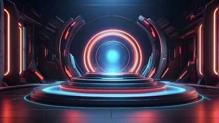 Science fiction, futuristic, abstract background with a 3D image portrayal of a hud ui power podium stage