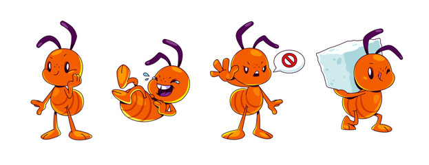 Ant characters set isolated on white background. Vector cartoon illustration of cute brown bugs smiling, laughing to tears, showing stop sign, warning symbol in speech bubble, carrying sugar on back - obrazy, fototapety, plakaty