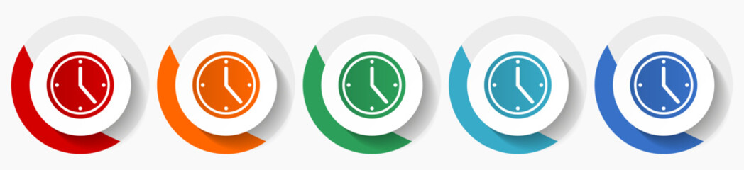 Time, watch, clock vector icon set, flat icons for logo design, webdesign and mobile applications, colorful round buttons