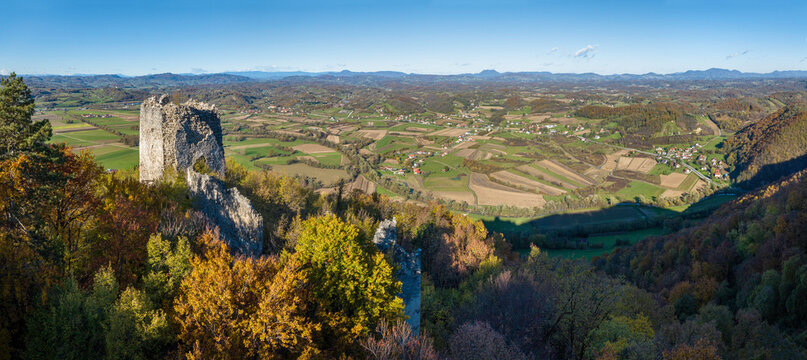 Ruins of castle Kun&scaron;pek with village Kumrovec in the background, Slovenia, Croatia