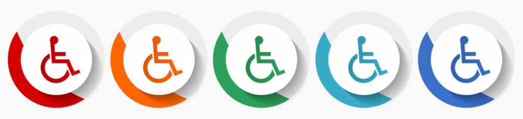 Wheelchair, disabled vector icon set, flat icons for logo design, webdesign and mobile applications, colorful round buttons