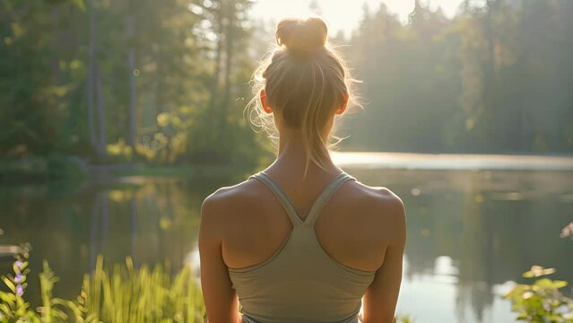 A woman in a yoga pose her back turned to the camera as she gazes out at the serene lake and surrounding forest. . .