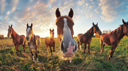 A group of horses stands elegantly on a lush green field