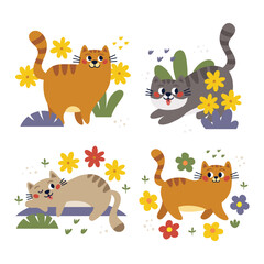 Funny vector flat illustrations with cats, flowers, vase, pot, plants, leaves. Happy cat characters. Vector Hand drawn cartoon flat illustration.