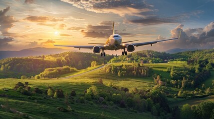 Fototapeta premium This majestic image portrays a commercial airplane approaching for a landing with a backdrop of serene countryside hills at sunset